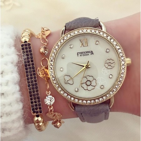 Ceas dama elegant gri cu imprimeu cu floare si curea din piele ECO Francesca